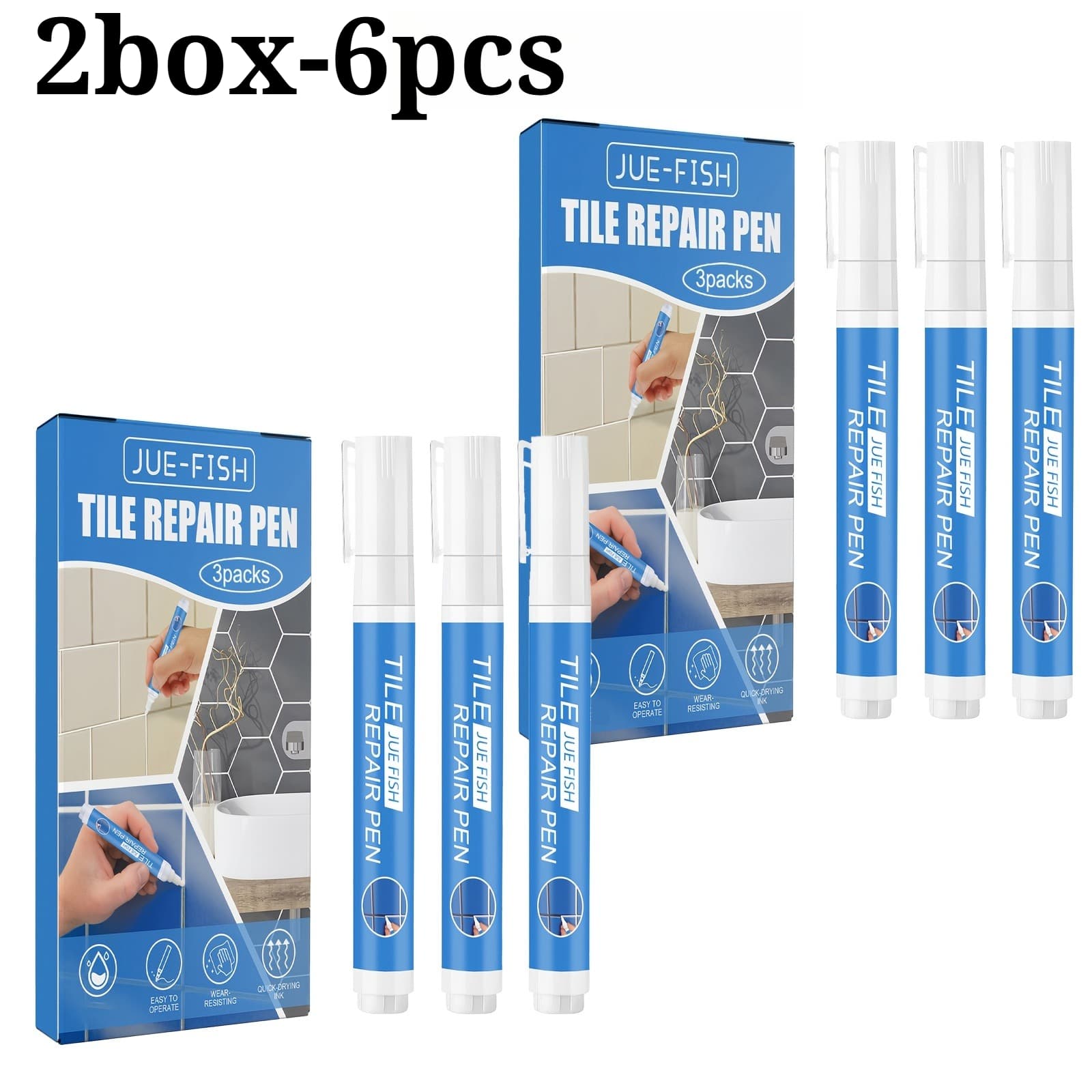 TEMU 2boxes-6pcs Repair Pen - Waterproof & Moisture-resistant Instant Grout For Floors & Walls, Easy-to-apply Diy Patch Repair, Safe Non-toxic Formula For Fixing Cracked, Chipped, Discolored Tiles