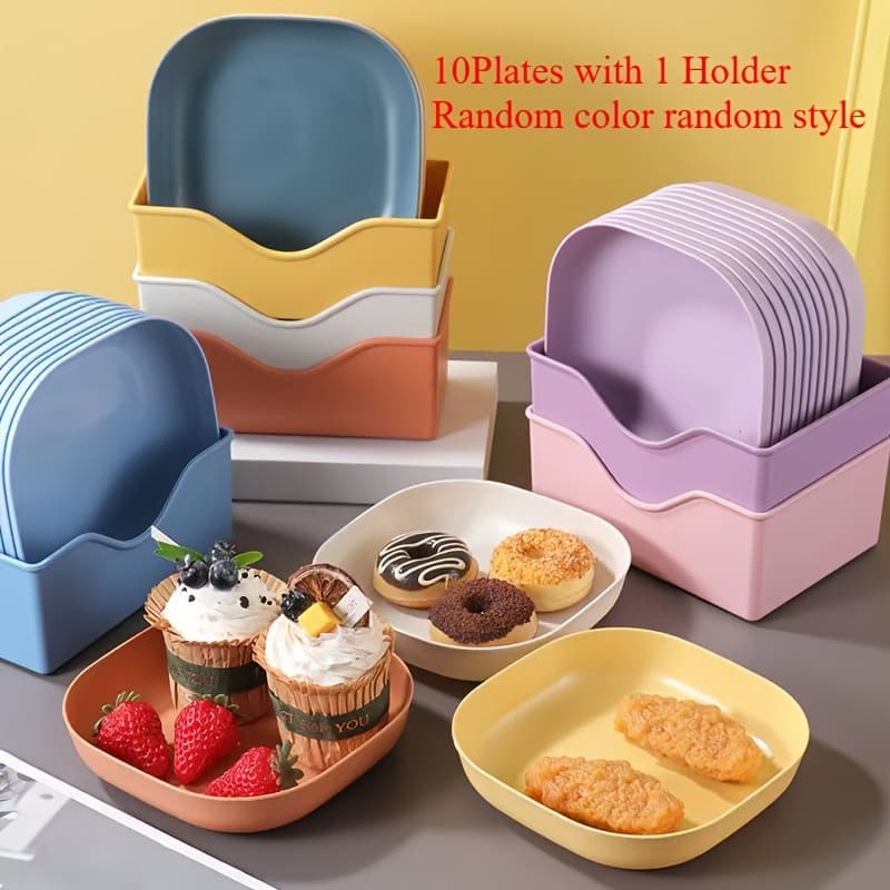 TEMU 10pcs Square Plates With 1pc Rack - 11pcs Random Colors Portable Food Plates Set, Perfect For Snacks And Breakfast - Durable Plastic - Essential Kitchen Tool ( Day)