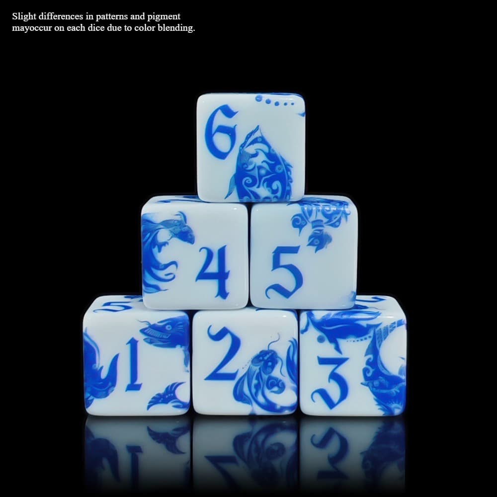 TEMU 6pcs Set Of Blue And White D6 Dice, 6-sided Dice, Featuring Traditional Koi Print, Suitable For Tabletop Board Games, And Collection Decor