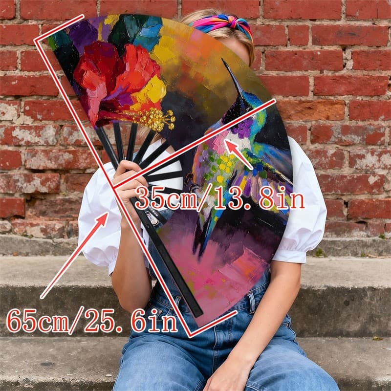 TEMU Men's Handheld Fan, 1pc, Polyester Material, Hummingbird And Hibiscus Print, Portable Cooling For Outdoor/travel, Stylish And Functional Accessory, Without Battery