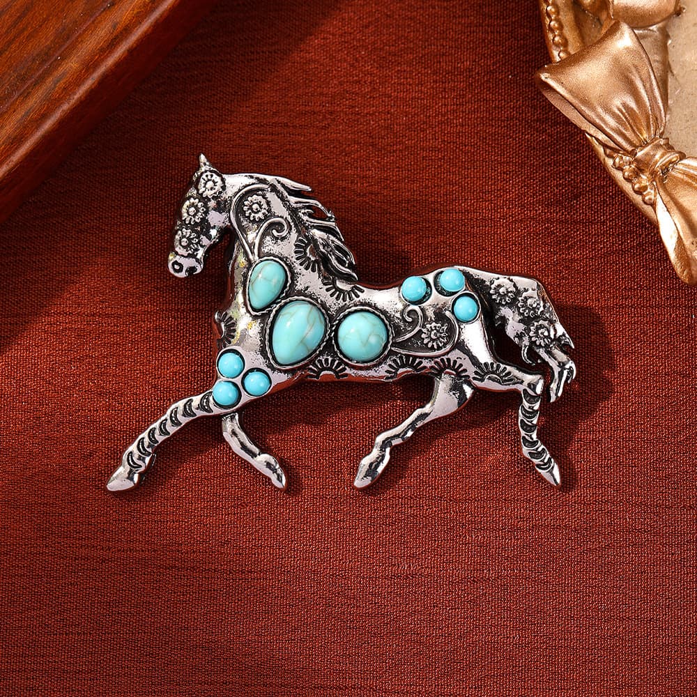 TEMU Running Horse Brooch - Golden/silvery Tone Metal Pin With Turquoise Accents | Retro Western Style Decorative Jewelry Accessory