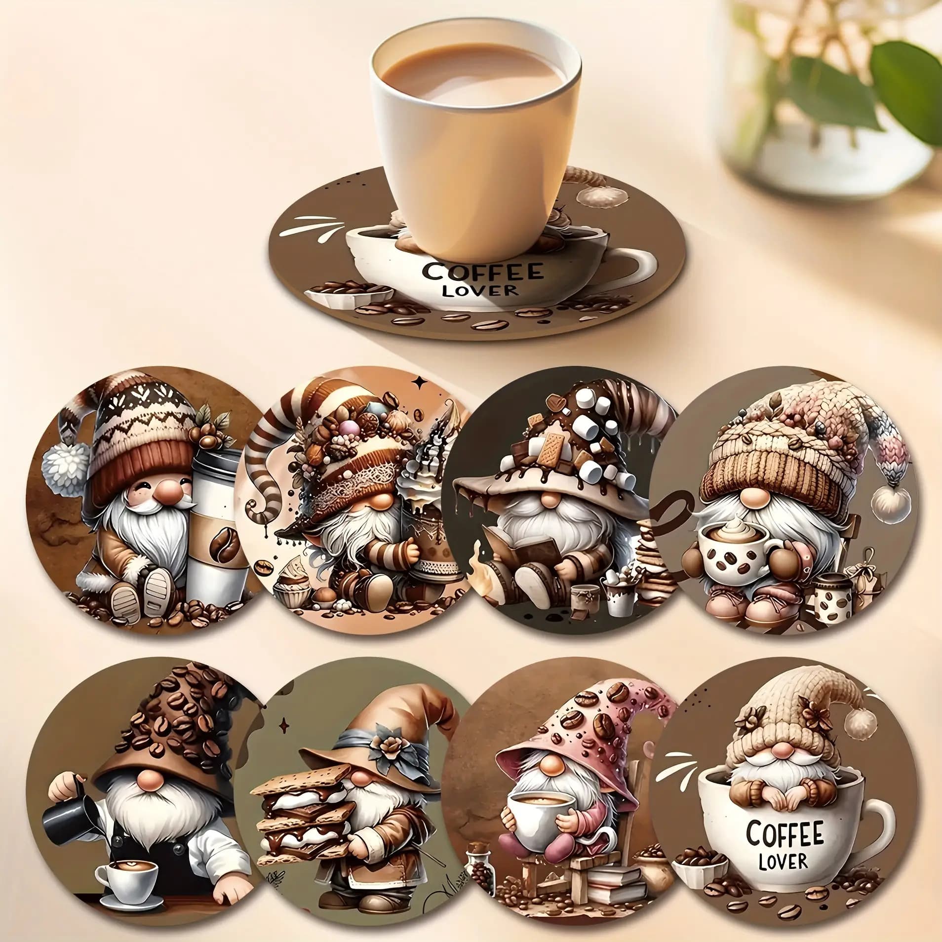 TEMU Set Of 8 Wooden Dwarf Coasters, Colorful Gnome Design, Suitable Drinks, Tea, Coffee- Home And Restaurant Decoration, Hand Wash Only(3.93 3.93inch)