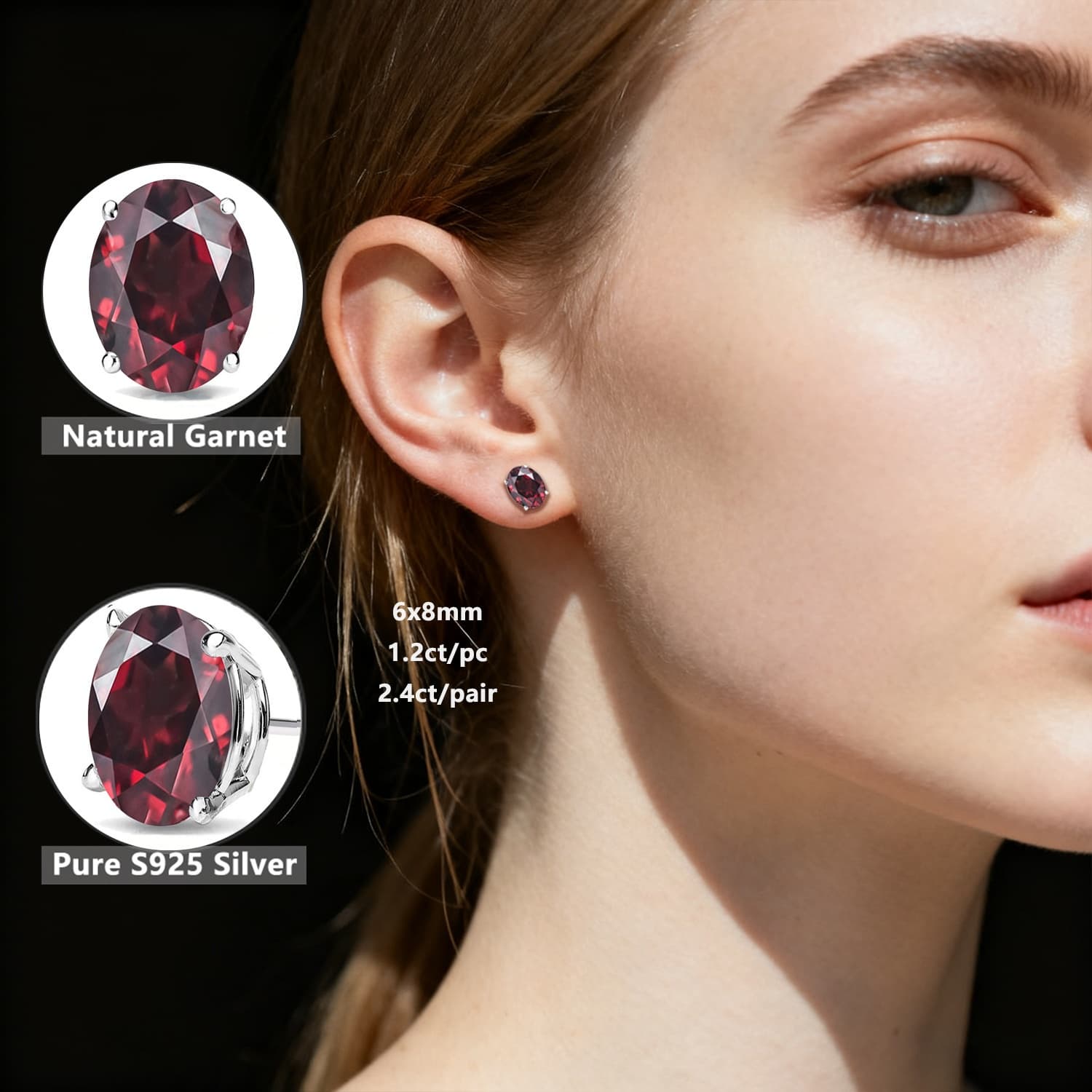TEMU S925 Silver Stud Earrings With Natural Garnet, Each Oval-cut Weighing 1.0 Carat, Natural Garnet, Birthstone For , Ideal Natural Jewelry Present For