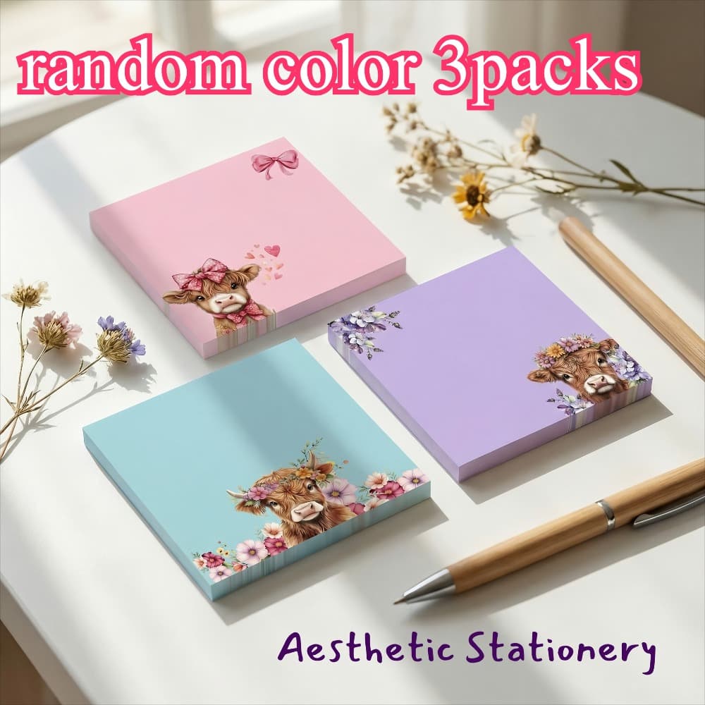 TEMU Random 3-pack Highland Cow Sticky Notes Set, Cute Aesthetic Memo Pads 3x50 Sheets, And School Supplies, Valentine's Day Gift For Girls