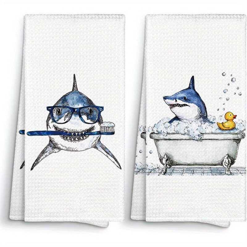 TEMU 2pcs 18×26 Inch Funny Shark Bathroom Kitchen Towels, Ocean Animal Hand Towel Decorative Gifts For Teens, Coastal Nautical Dish Towels, Cloths, Dishcloths, Tea Towel