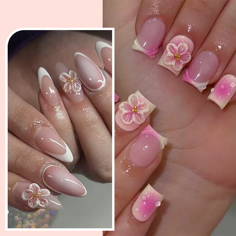TEMU Short Almond Press On Nails - 48pcs (2 Pack) Flesh Pink Square Nail Tips Acrylic Nail Kit 3d Charms Nail Art Fake Nails Press Ons French Tip Glue On Nails Full Cover False Nails For Women