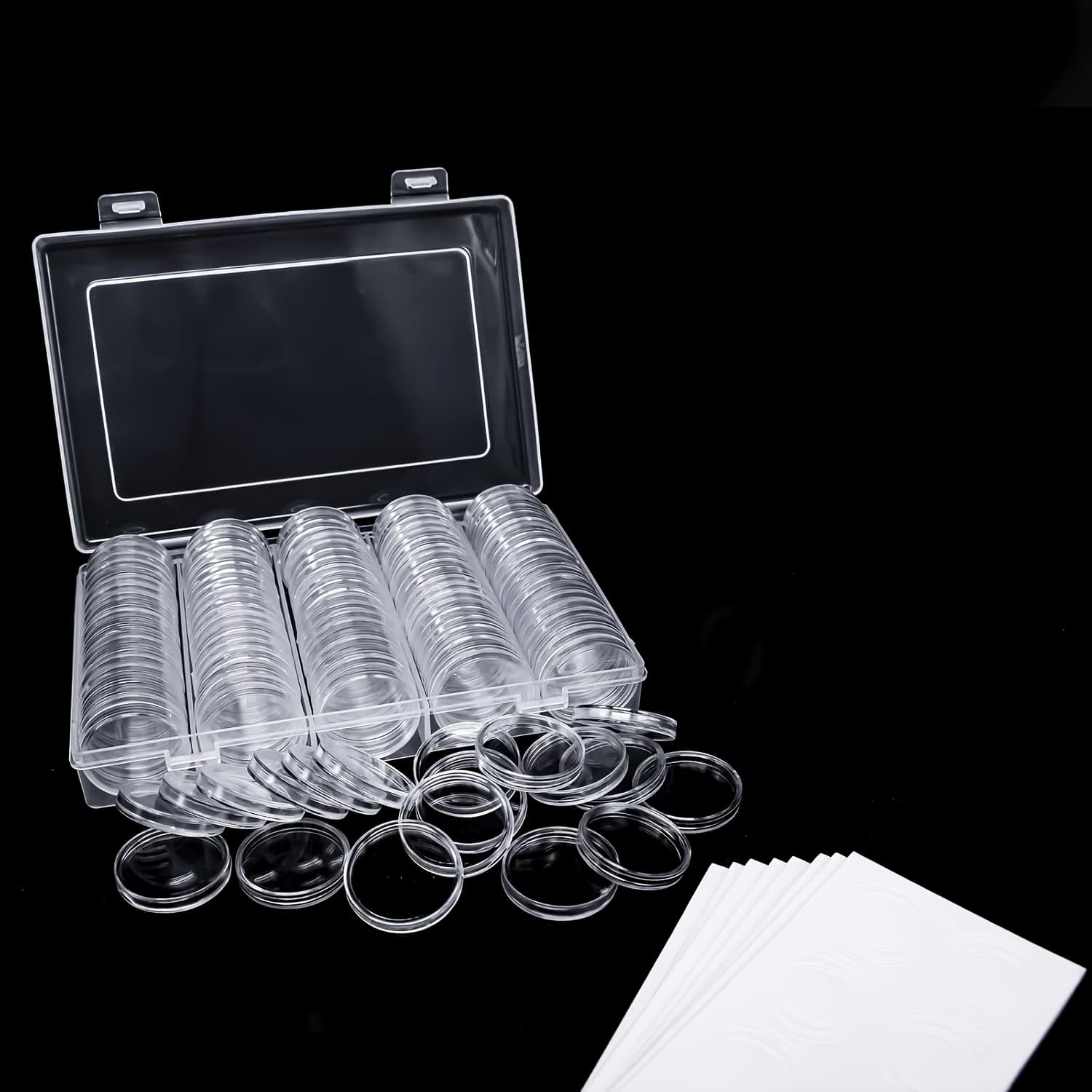 TEMU 100pcs 30mm Coin Capsules With White Protective Washers And Plastic Storage Box For Coin Collection Supplies Transparent Round Plastic Capsules Suitable For 17/20/25/27/30mm Sizes