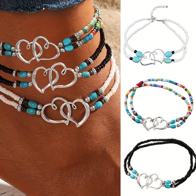 TEMU 3pcs Set Fashion Women Bohimia Beaded Heart Charms Anklet, Exquisite Boho Chic Double-layer Beaded Heart Anklet, Perfect For , Beach Wedding, Party