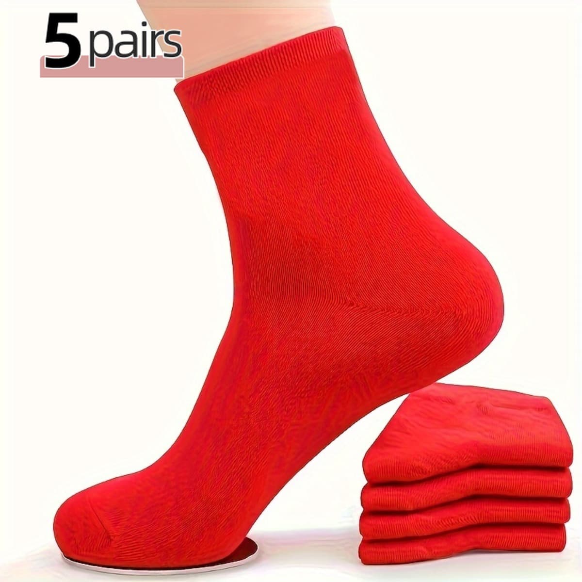 TEMU 5 Pairs Women's Fashion Ankle Socks - Soft Breathable Red Solid Color, Comfortable , Machine Washable, Ideal Gift For Women, Novelty Socks, Casual Attire, Simple Sock Pattern