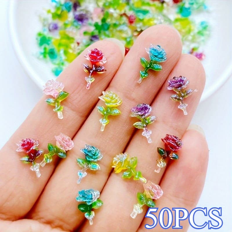 TEMU 50/100pcs Luminous Rose Decoration Resin No Hole Flat Bottom Decorative Beads Used For Mobile Phone Case Nail Art Earrings Hair Clips And Other Handmade Gifts