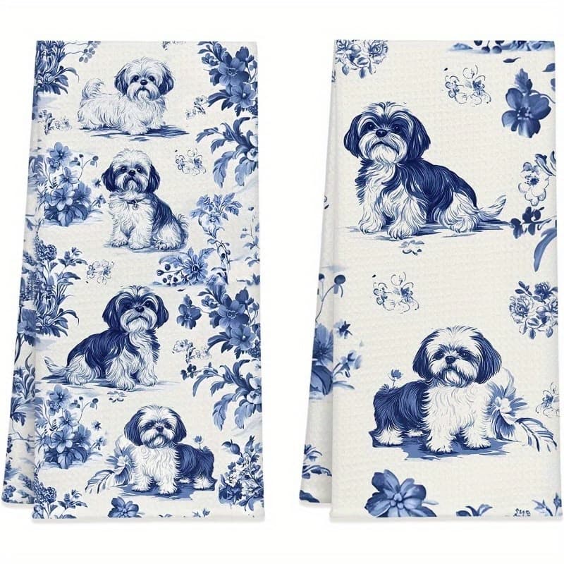 TEMU 2pcs 18x26 Inch Decorative Kitchen Tea Towels - Floral Shih Tzu Dog Pattern, Polyester, Machine Washable, Modern Cartoon Design For Kitchen & Dining Decor, Kitchen Towels