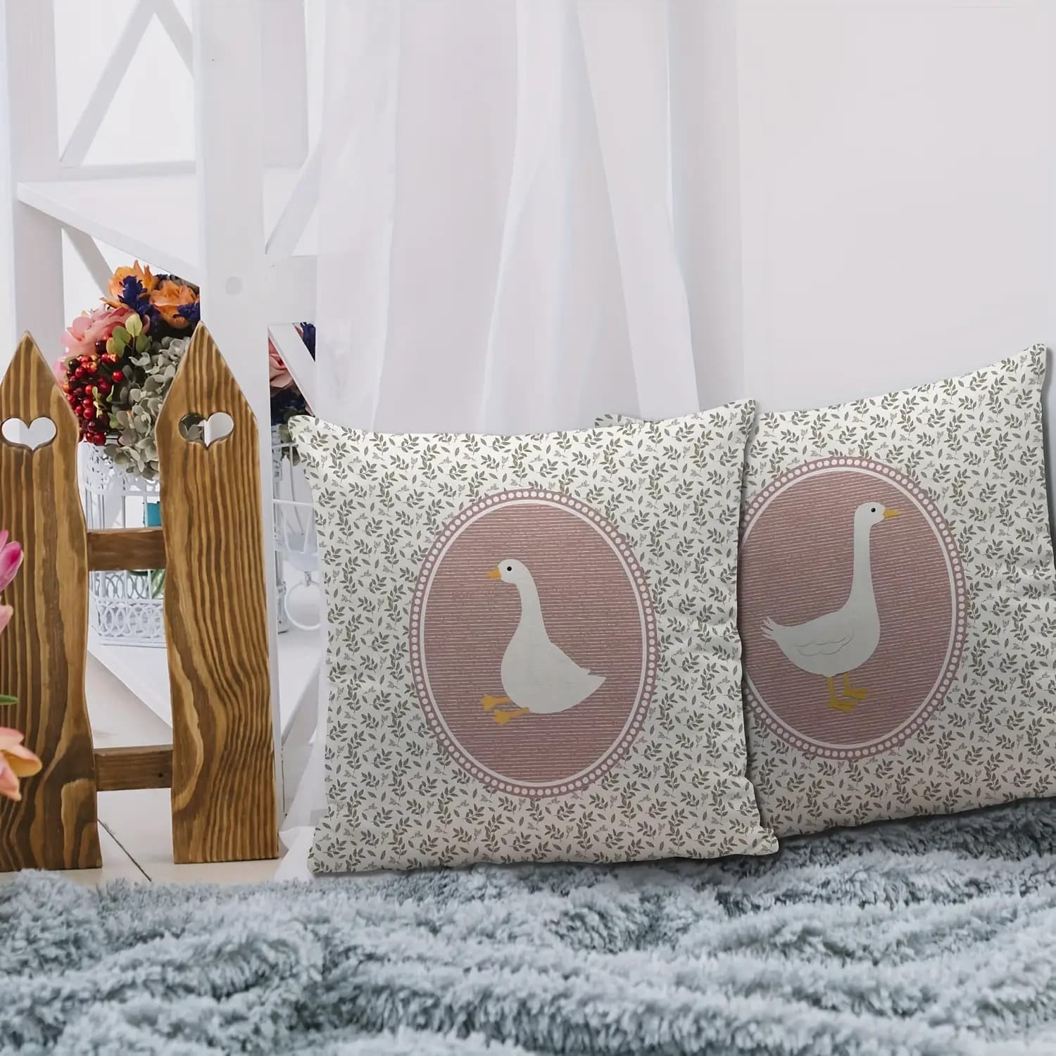 TEMU Set Of 2 Vintage Pillow Covers Featuring Geese And Floral Patterns - Designed In A Rustic Country Style, Made From Machine Washable Polyester, With A Zipper Closure