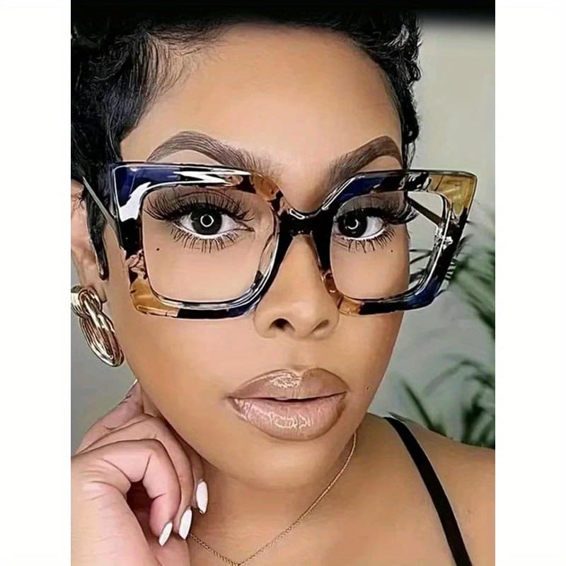 TEMU Summer 2025 Trendy Eyeglasses - Large Cat Eye Frame With Colorblock Pattern, Durable Metal & Plastic Construction, Unisex Glasses For Everyday Casual & Travel Accessories