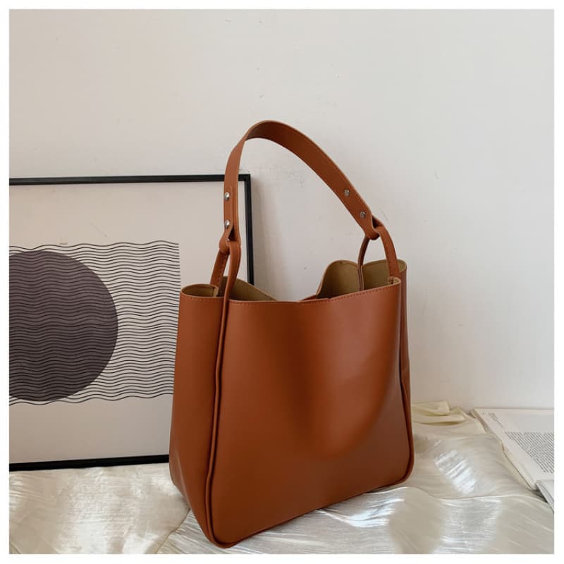 TEMU Vintage High-end Bucket Bag Internet Celebrity Shoulder Bag Korean Version Easy Solid Color Large Capacity Women's Bag