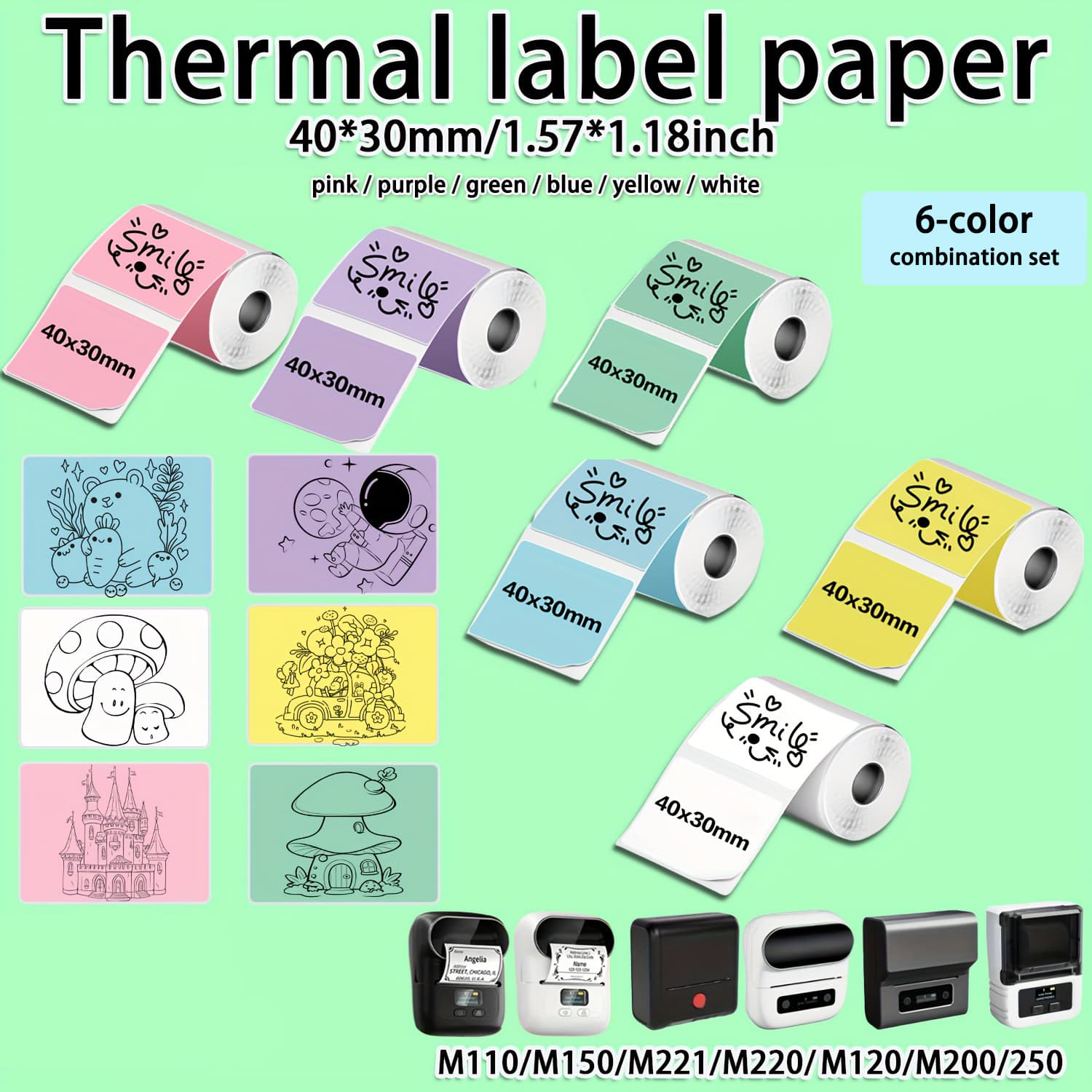 TEMU 6 Rolls Of 6 Color Printed Label Thermal Paper, 40 X 30mm (1.47in X 1.18in), Suitable For M110//m220/ Printers, Used For Gift Seals, Store Item Identification, Diy Sticky Notes