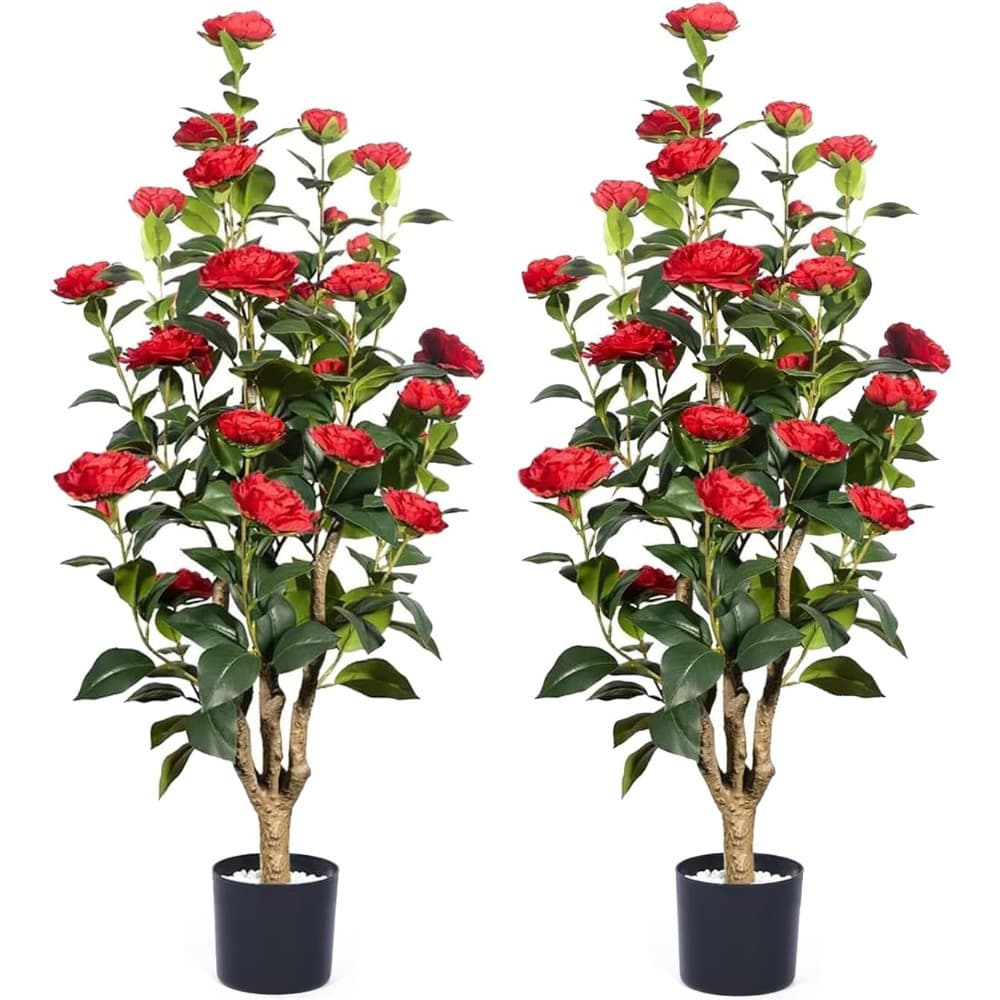 TEMU Set Of 2 Artificial Camellia Trees, 45 Inches Tall, Featuring Vibrant Red . Perfect For Indoor And Decoration, Low-maintenance Faux Plants Are Ideal For Enhancing Your Office Or Home
