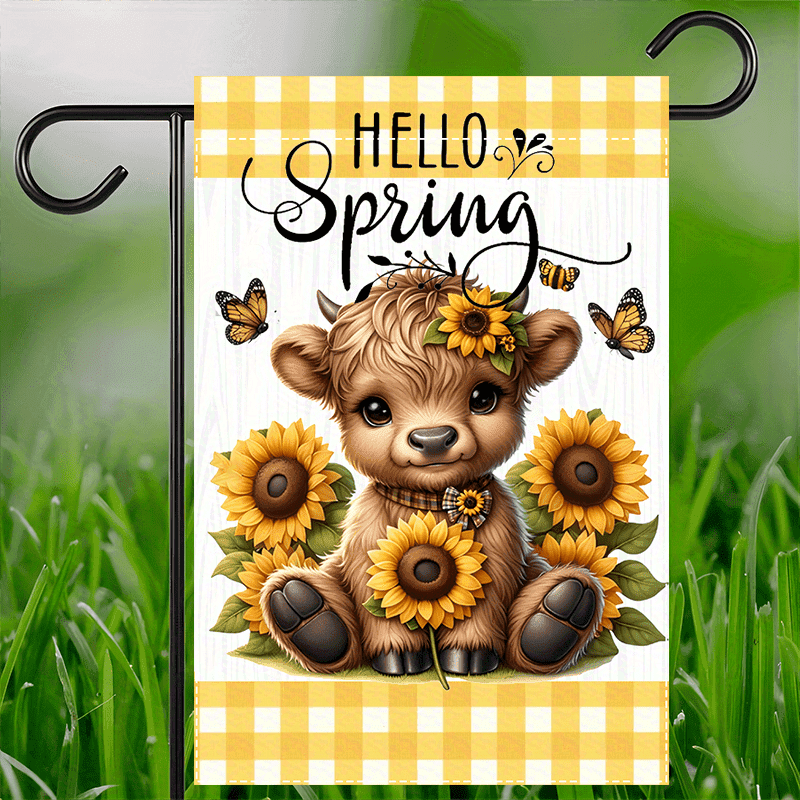 TEMU 2d Flat Print Not 3d 1pc Banner, Highland Cow And Sunflower Design, Durable, Waterproof, Indoor And Outdoor Decoration, Not Including Flagpoles
