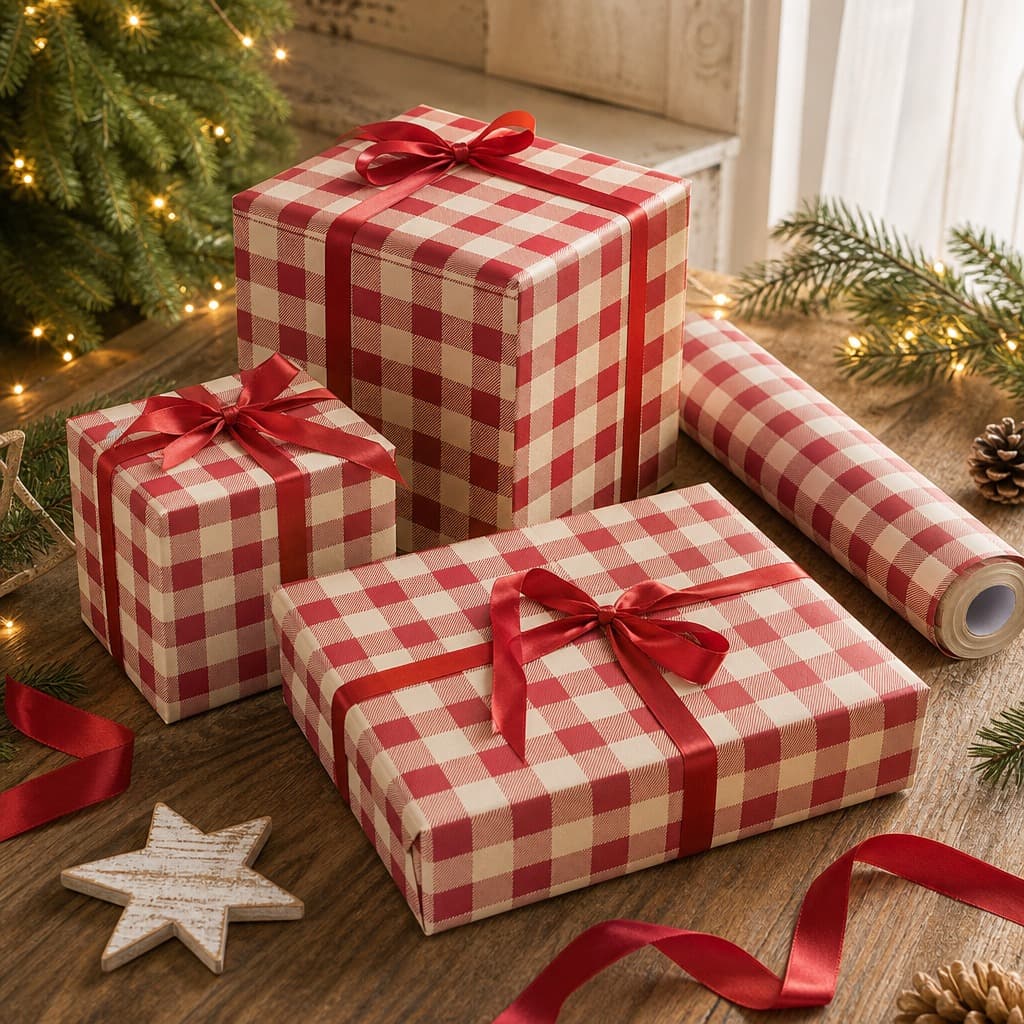 TEMU Gift Wrapping Paper Roll, Red And Beige Checkered Gift Paper, Classic Pattern Gift Paper, Suitable For Christmas, Birthdays, Weddings, And Various Occasions (17in X 197in)
