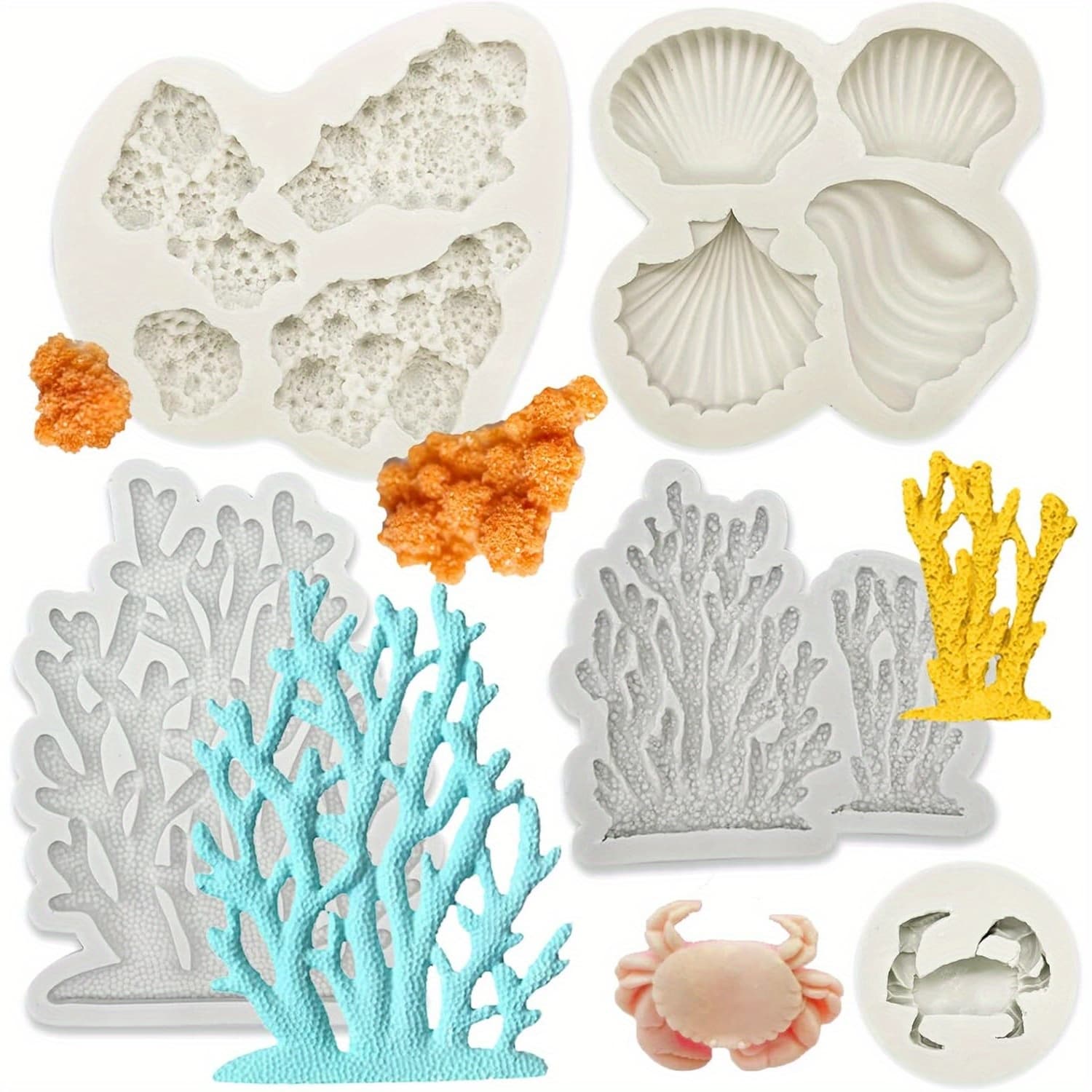 TEMU 5pcs Marine Theme Fondant Mold - Sea Shell, Coral, Crab, Seaweed & - Non-toxic Silicone Diy Baking Molds For Cake, Cookie, Chocolate, Candy Decoration - For Fondant & Polymer Clay Crafts