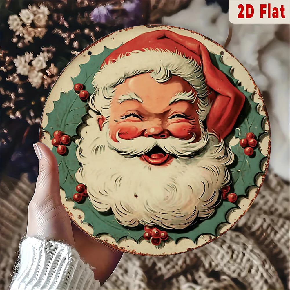 TEMU 2d Flat, Round Retro Santa Claus Face Metal Wall Art - Aluminum Christmas Sign With , Easy To Hang / Holiday Decoration Suitable For Home, Office, - Perfect Gift Idea, 2d Flat