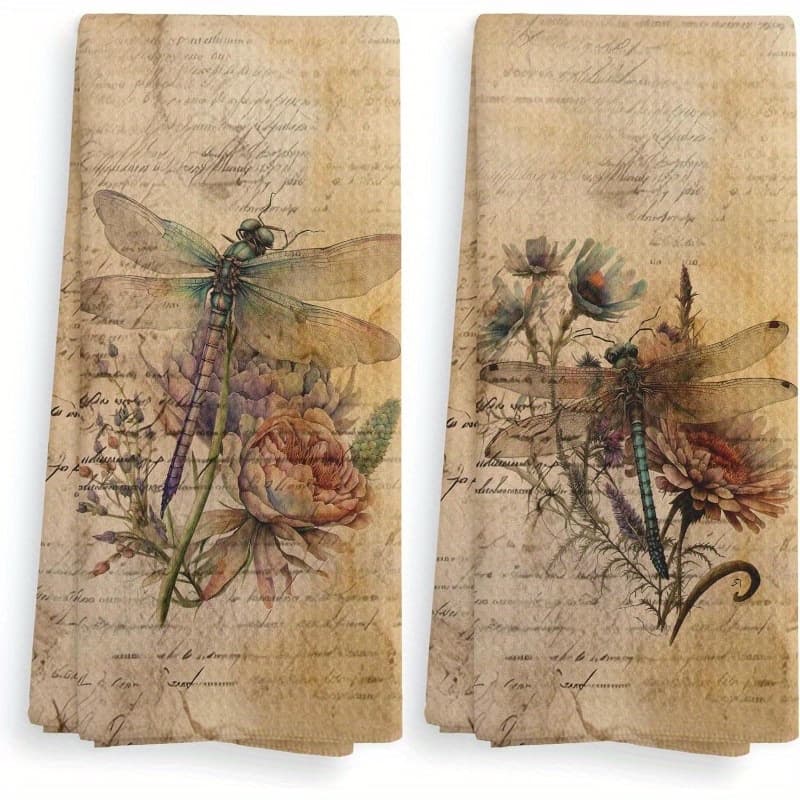 TEMU 2pcs & Kitchen Towels - Soft Polyester Hand Towels Suitable Or Bathroom, Light Beige Retro Floral Dishcloths With Dragonfly Design, Decor For Home, Mother' Day Gift, Hand Wash Only