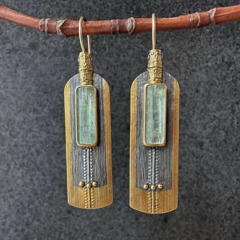 TEMU 2pcs Bohemian Tribal Rectangle Drop Earrings For Women - Textured Mixed Metal & Green Stone Suitable For Cultural Festivals, Weddings, Birthdays, - Ethnic With For Date Nights & Parties