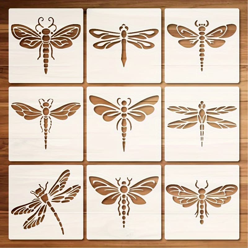 TEMU 9pcs Dragonfly Mold Series Template Set - Suitable Making - Creative Craft Templates For Home Decoration, Fabric, Canvas, , And Furniture Painting - Made Of Durable Pet Material In Ivory Color