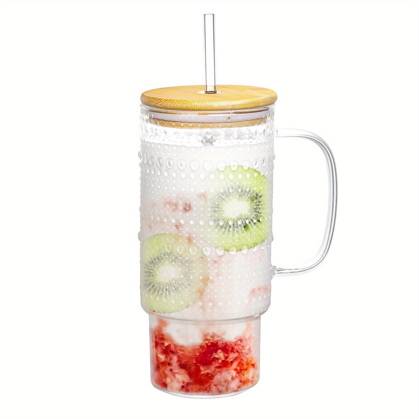 TEMU 32oz Glass Cup With Lid And Straw, Embossed Beaded Glass Tumbler With Handle Bamboo Lid And Glass Straw For Whiskey Cocktail Beer, Iced Coffee, Hot/ Cold Drinks