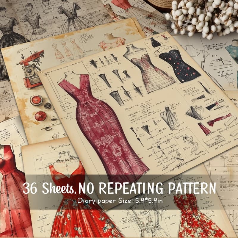 TEMU 36 Retro-style Hand-drawn Dress Design Sketches For Scrapbooking And Decorative Paper, Suitable For Background Decoration, Junk Diary Making, Crafts, And Other ., Craft Projects