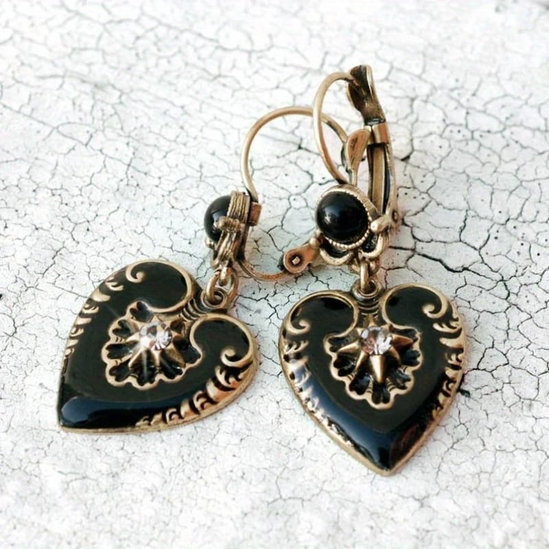 TEMU 2pcs Vintage Gothic Black Enamel Heart White Synthetic Synthetic Zirconia Copper Dangle Earrings For Men And Women For Party Banquet