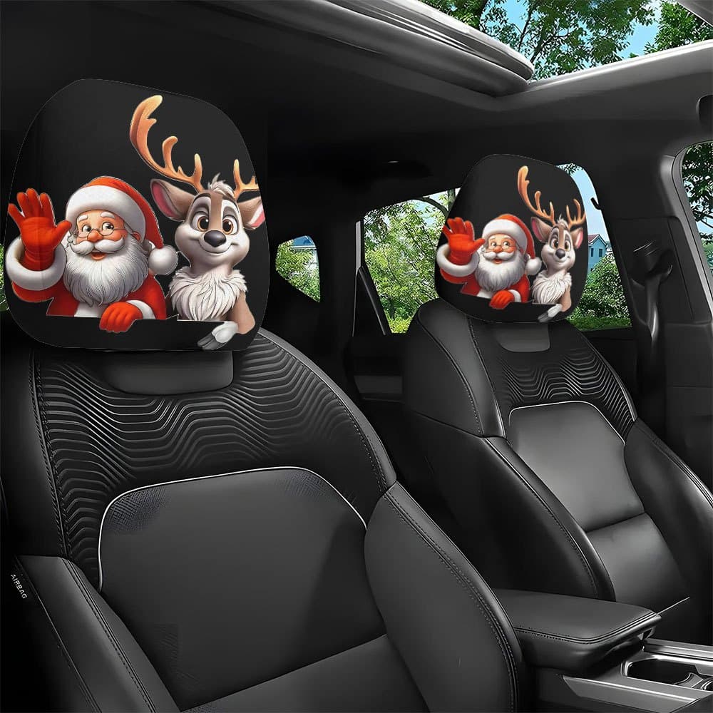 TEMU 2pcs Fun Christmas Santa And Reindeer Printed Car Headrest Covers, Interior Decoration, Fit, Washable, , Suitable For Road Trips And Holiday Commuting, Perfect Quirky Car Decoration