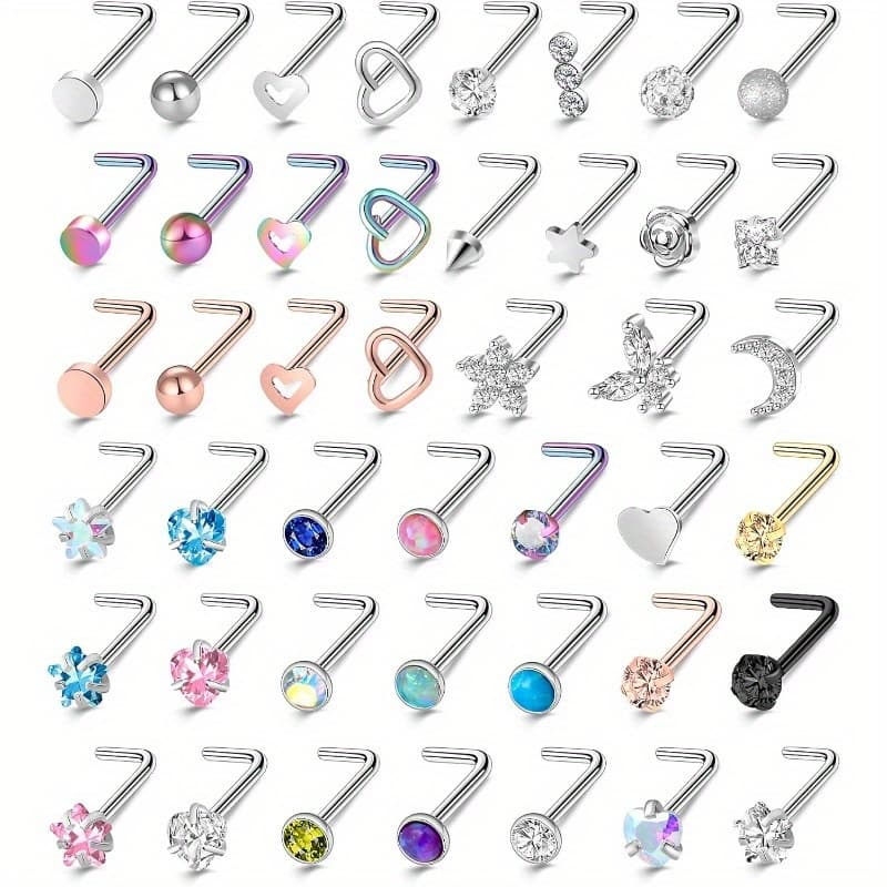 TEMU 44pcs 18g 20g Nose Rings Studs Nose Rings For Women Nose Piercings Jewelry Surgical Stainless Steel Nose Studs Moon Star Heart Hypoallergenic Body Piercing Jewelry For Women Men