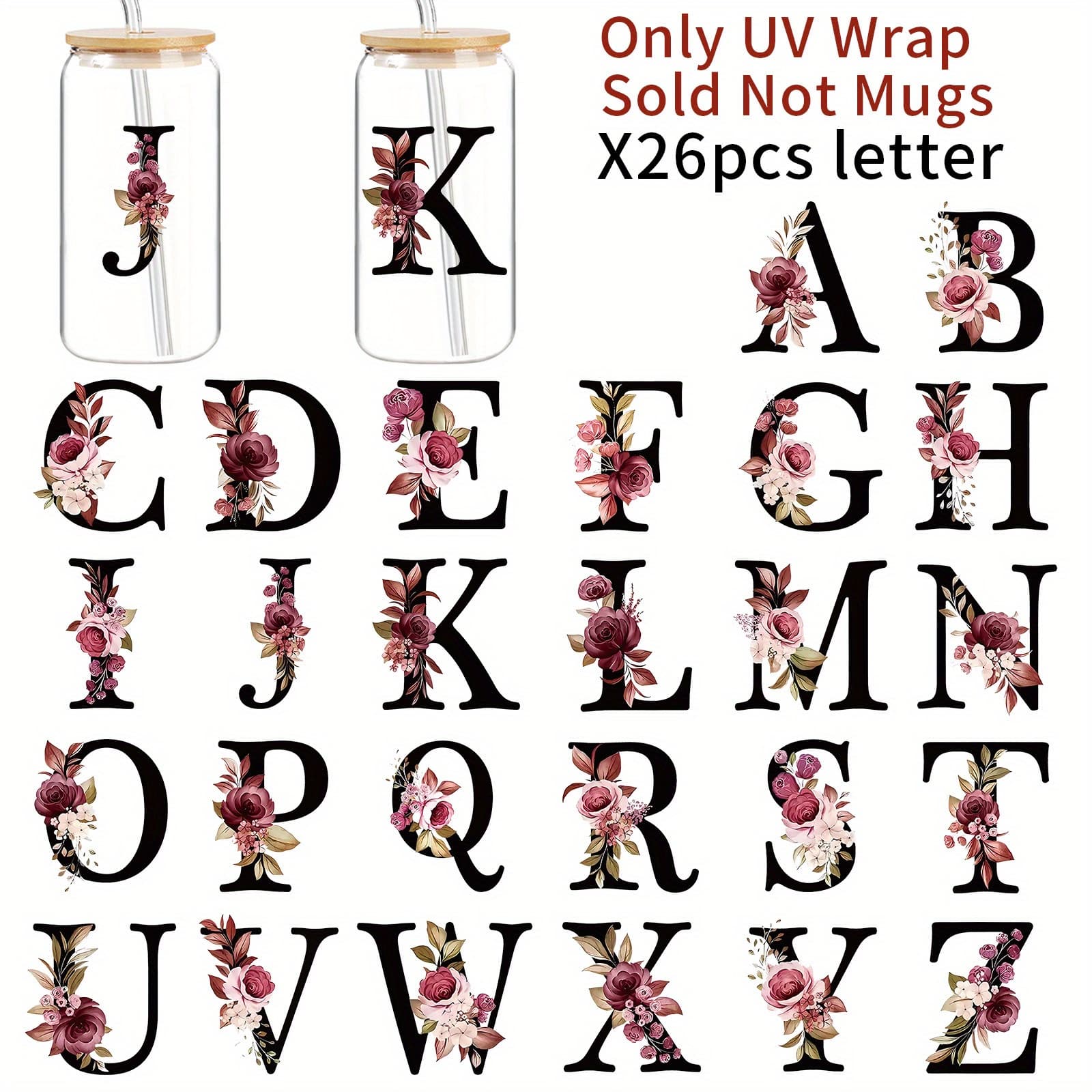 TEMU A-z Flower Pattern Uv Dtf Transfer Stickers, Suitable For Office And Home, Suitable For All Kinds Of Cups And Bottles Stickers Transfer Stickers, Best Gift Handicrafts