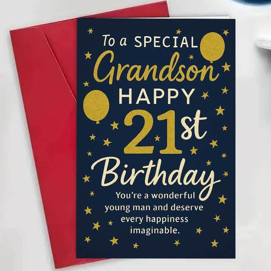 TEMU 1pcspecial 21st Birthday Card For Grandson Featuring Golden Stars And Balloons Family Celebrations And Birthday Wishes From Grandparents Or Parentsenvelope + Card