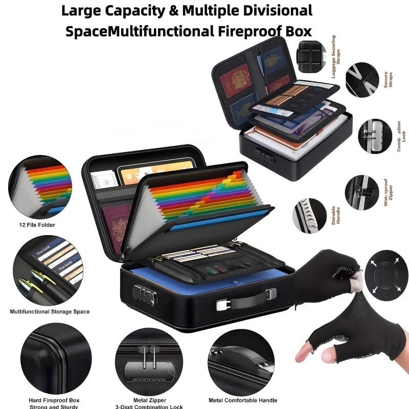 TEMU Portable Fireproof Moisture Proof Document Storage Box With Multiple Shelves For Theft Proof Emergency Storage Box