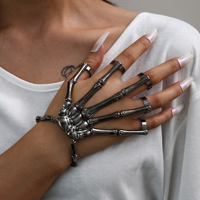 TEMU Necklace Punk Style 5 Finger Ring Exaggerated Skull Bracelet Metal Finger Bracelet Halloween Retractable Ring