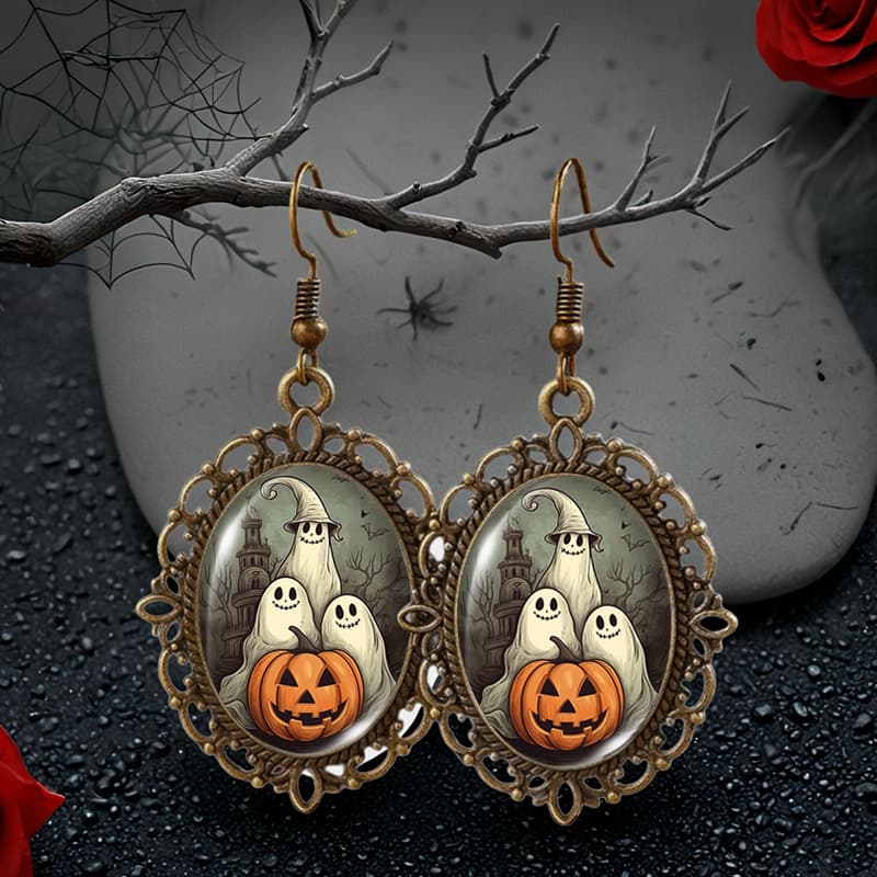 TEMU Vintage And Pumpkin Oil Painting Pattern Oval Glass Retro Lace Earrings Popular Handmade Additions Gift, Without Battery