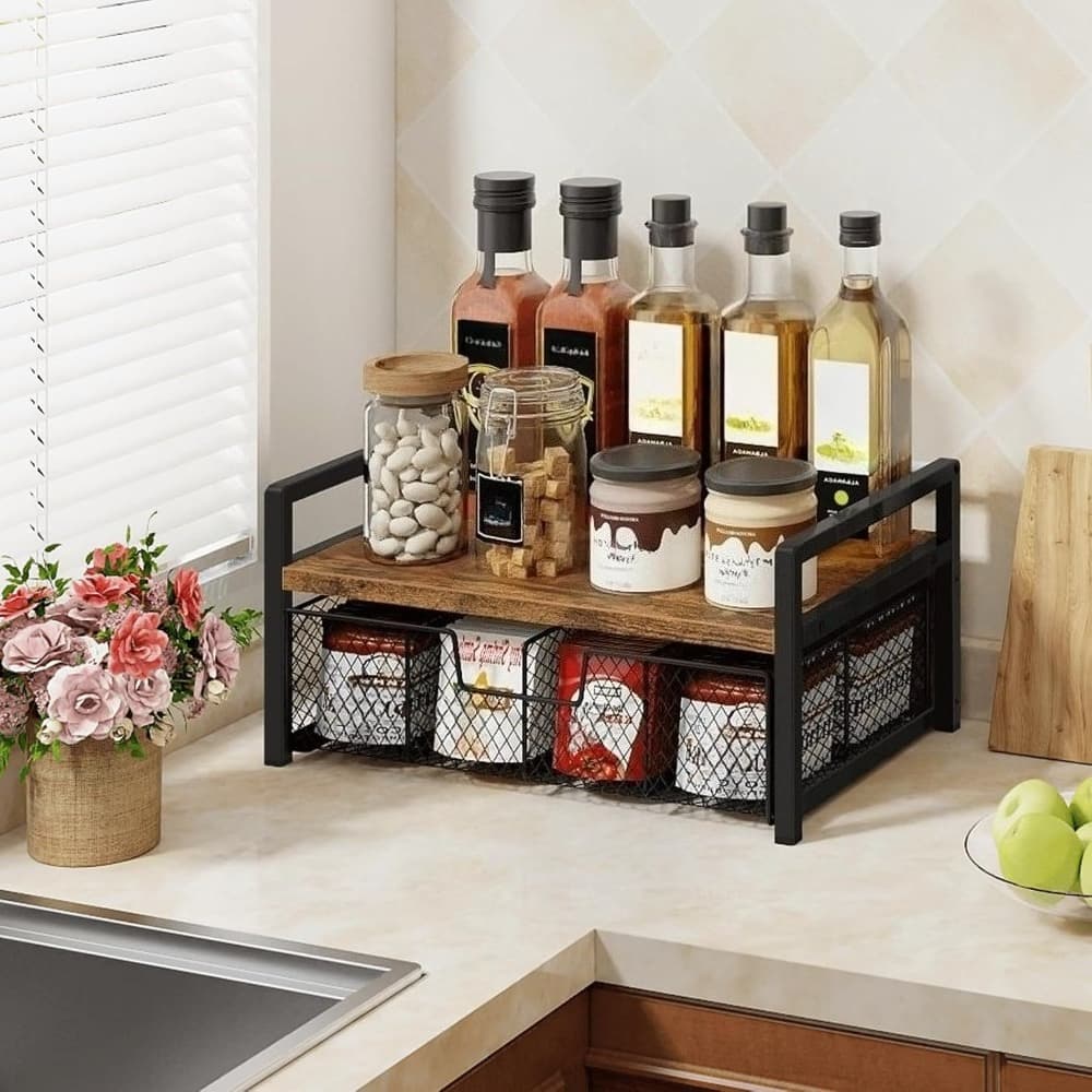 TEMU Rustic Brown Wood Tea Bag Organizer With Storage Drawer & Display Chest - Non- Suitable For Holder, Box, Countertop Kitchen Organizer, Wood/metal Container For Tea