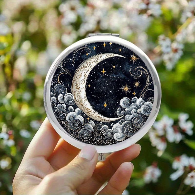 TEMU 2d Flat Portable Makeup Mirror Handheld Folding Round Mirror With Ornate And Perfect For Wedding Favors And Holiday Gifting Halloween Gifts Christmas Collectible Figurines, 2d Flat