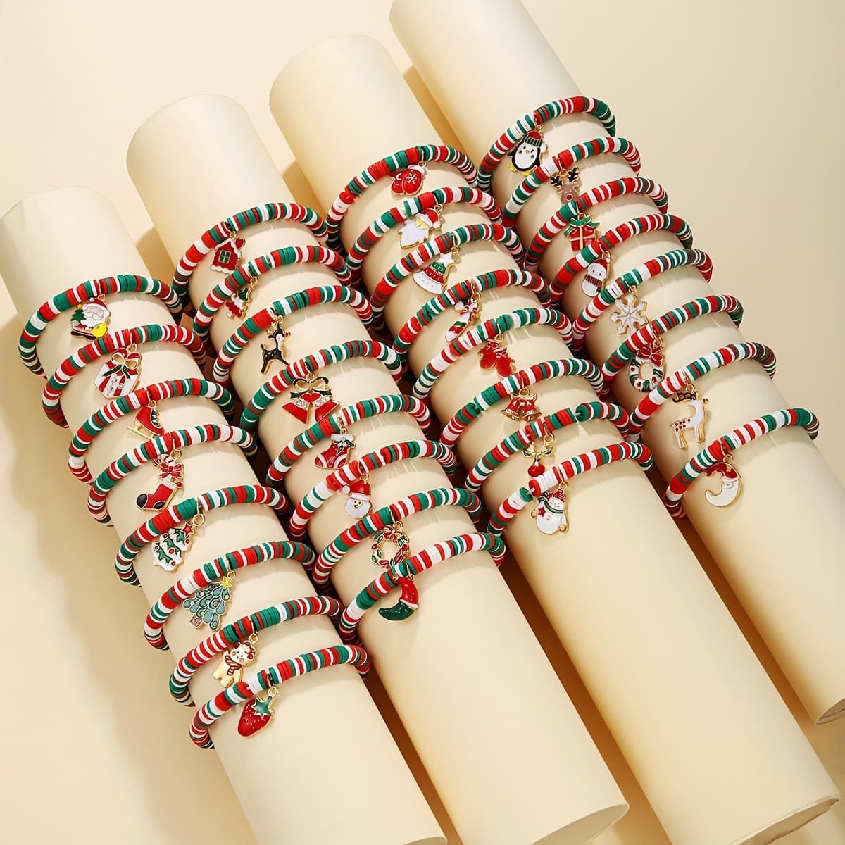 TEMU 32pcs Assorted Christmas Party Stretch Bracelet For Women, Soft Brickearth Tree Shaped Pendant, Holiday Jewelry Gift, Mixed Colors, No Plating, Soft Clay Material
