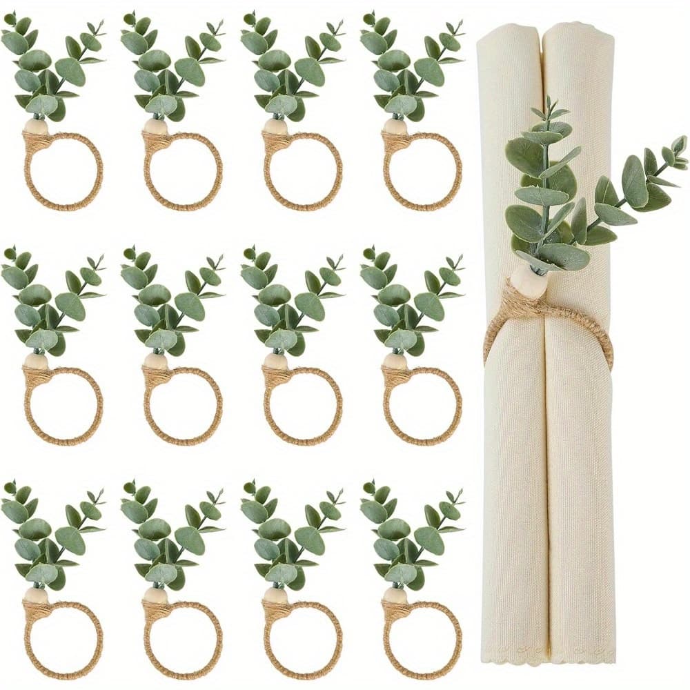 TEMU 12 Pack Napkin Rings Easter Napkin Rings, Eucalyptus Leaf Napkin Rings, Boho Napkin Rings, Wood Bead Farmhouse Easter Napkin Ring Holder For Weddings Christmas Party Table Decoration