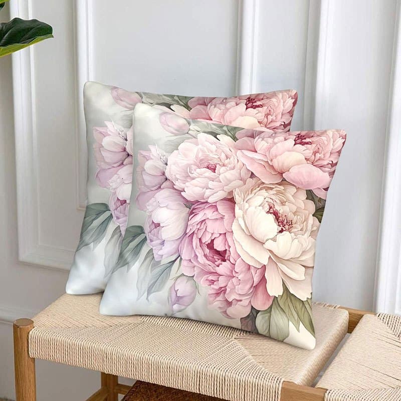 TEMU 2pcs Contemporary Floral Peony & Printed Cushion/pillow Covers - Pink Botanical Zippered Sofa Bed Decor, Machine-washable Decorative Covers Suitable For Home, Wedding, Valentine's Gift