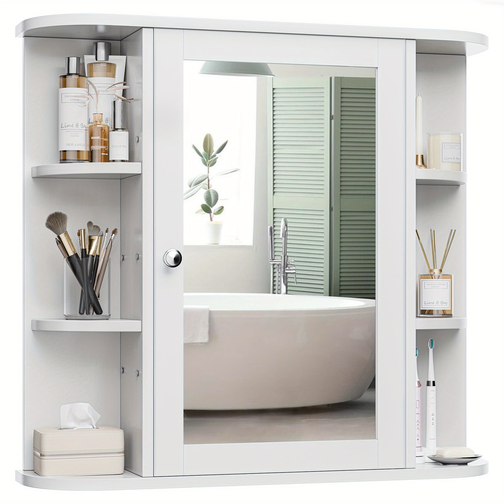 TEMU Bathroom Medicine Cabinet, Bathroom Mirror Cabinet Wall Mounted With 6 Side Open Shelves, White Wall Cabinet With Mirror, White