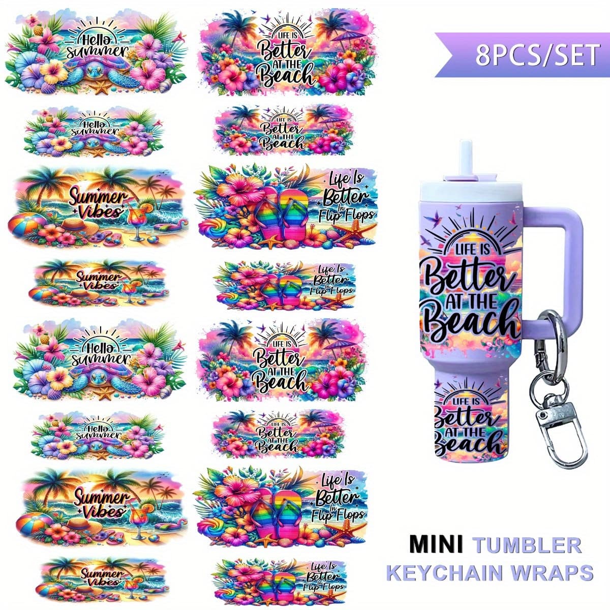 TEMU 8 Sets Uv Dtf Transfer Stickers For Mini Water Bottles & Keychains - High Quality Diy Floral/leaf Patterns, Multicolor Vinyl Iron-on Decals For Bottles, Party Favors, Showers, Promotional Gifts