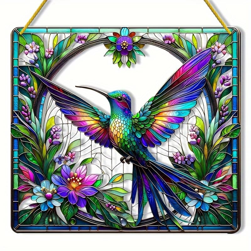 TEMU A Single Vibrant Stained Catcher Featuring A Hummingbird, Measuring 8 Inches By 8 Inches. It Showcases A Colorful Design Of Flowers And Leaves, Making It Perfect For Window And Garden Decor