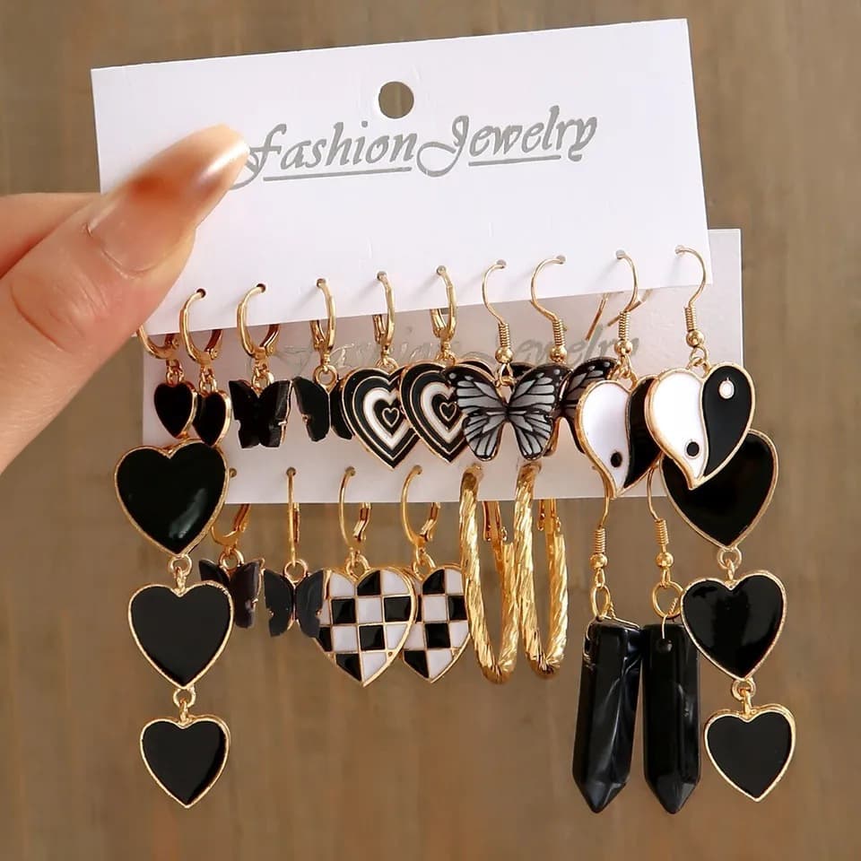 TEMU 20pcs Elegant Vintage & Chic Black & White Checkered Heart Pendant Earrings 10-pairs Vintage Hoop Earrings Women Party Birthday Gift Anniversary Jewelry