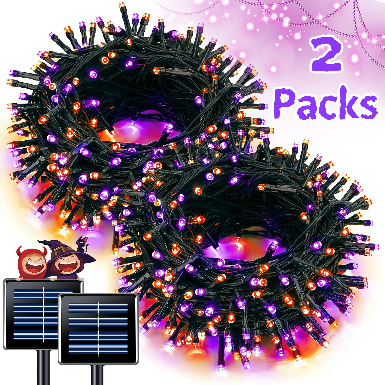 TEMU Set Of 2 Solar String Lights In Orange And Purple, Featuring 100 Leds Each, Designed For Outdoor Use. Waterproof Lights Are Perfect For Decorating For Halloween, Parties, Or Christmas Trees