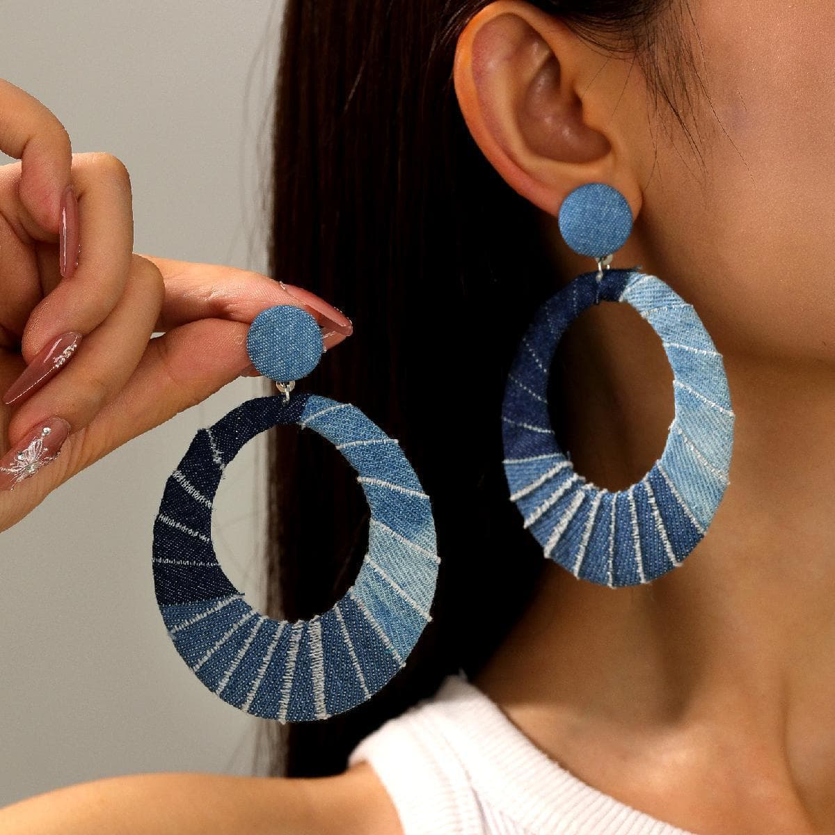TEMU Bohemian , Light And Dark Blue Denim, Oval Earrings And Earrings In Western Denim Style, Perfect Gifts For Parties And Holidays