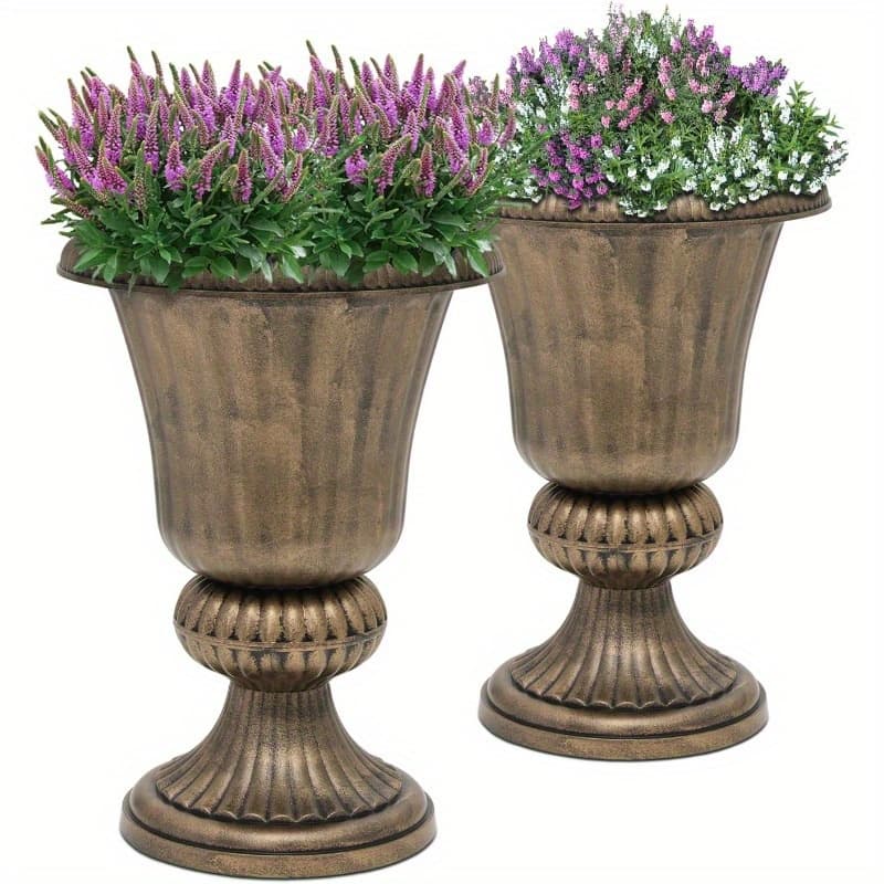 TEMU Set Of 2, 20-inch Urn-shaped Planters Suitable For Outdoor Use, Ideal For Enhancing The Decor Of Your Front Porch, Featuring Tall Plastic Flower Pots Perfect For Garden, Patio, And Entryway