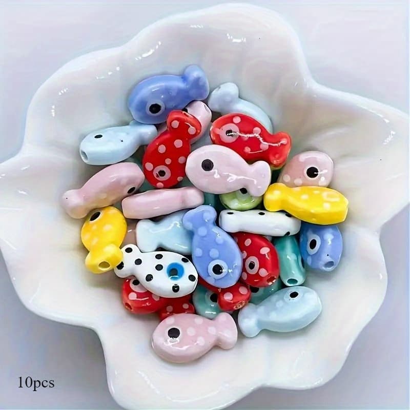 TEMU 10pcs Handcrafted Ceramic Fish-shaped Beads With Polka - Vibrant Multicolor Making Supplies For Necklaces, Bracelets, Earrings & Pendants, Bead Accessories, Bead Design